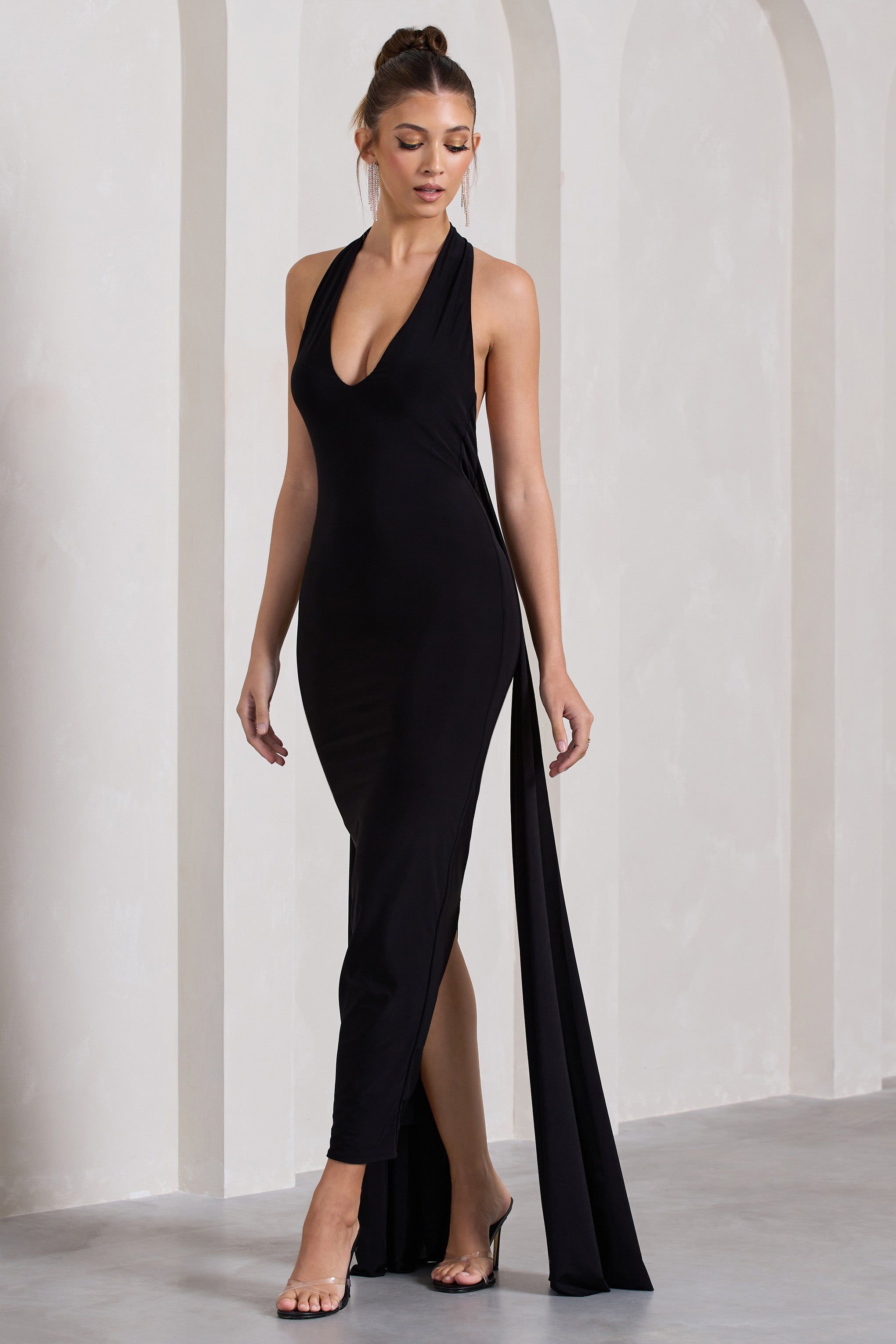 Veronica | Black Plunge Sleeveless Open-Back Maxi Dress With Scarf Detail sold by Club L London product image thumbnail 5