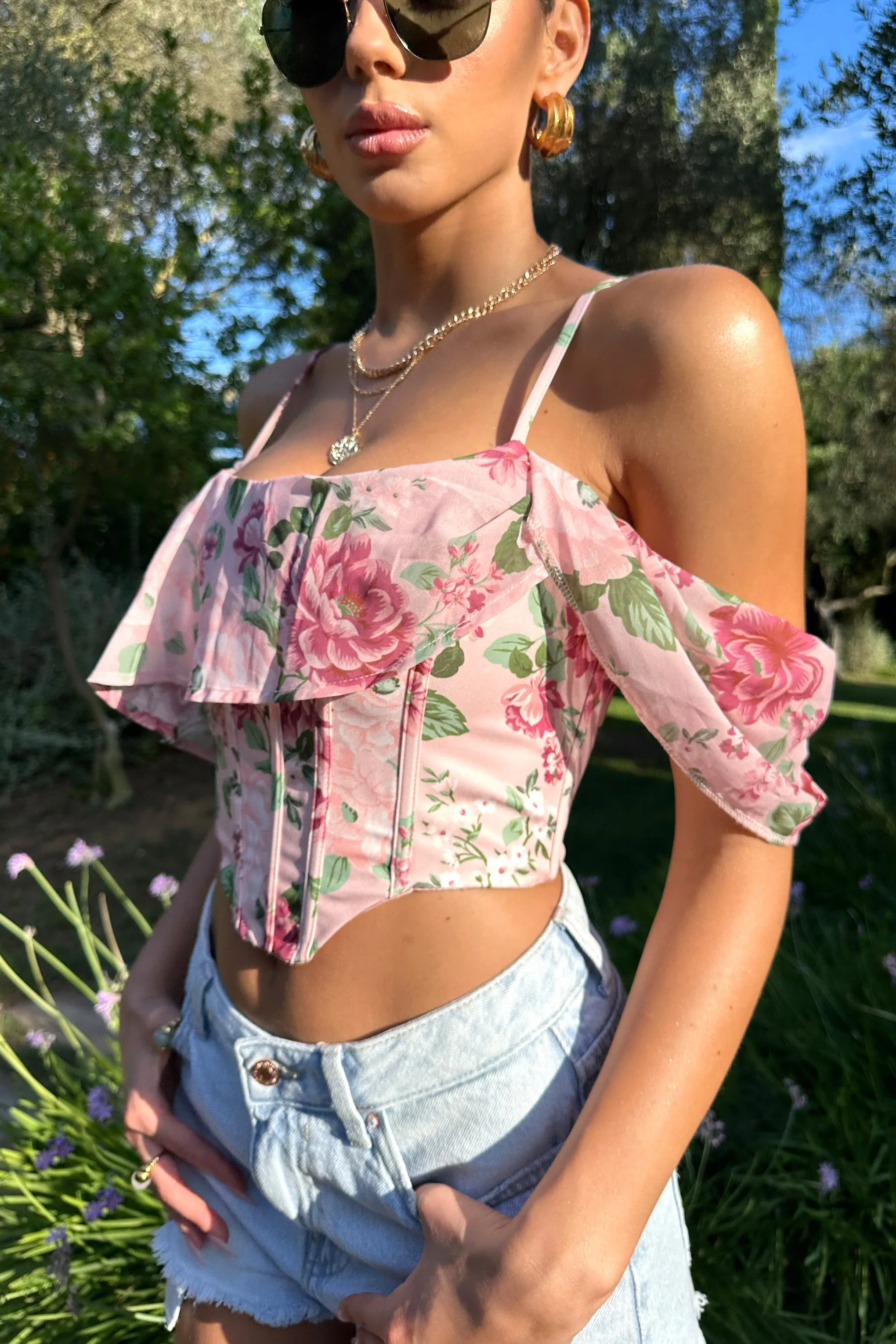Lost In Your Love | Pink Floral Print Asymmetric Corset Top With Draped Chiffon Sleeve sold by Club L London product image thumbnail 2