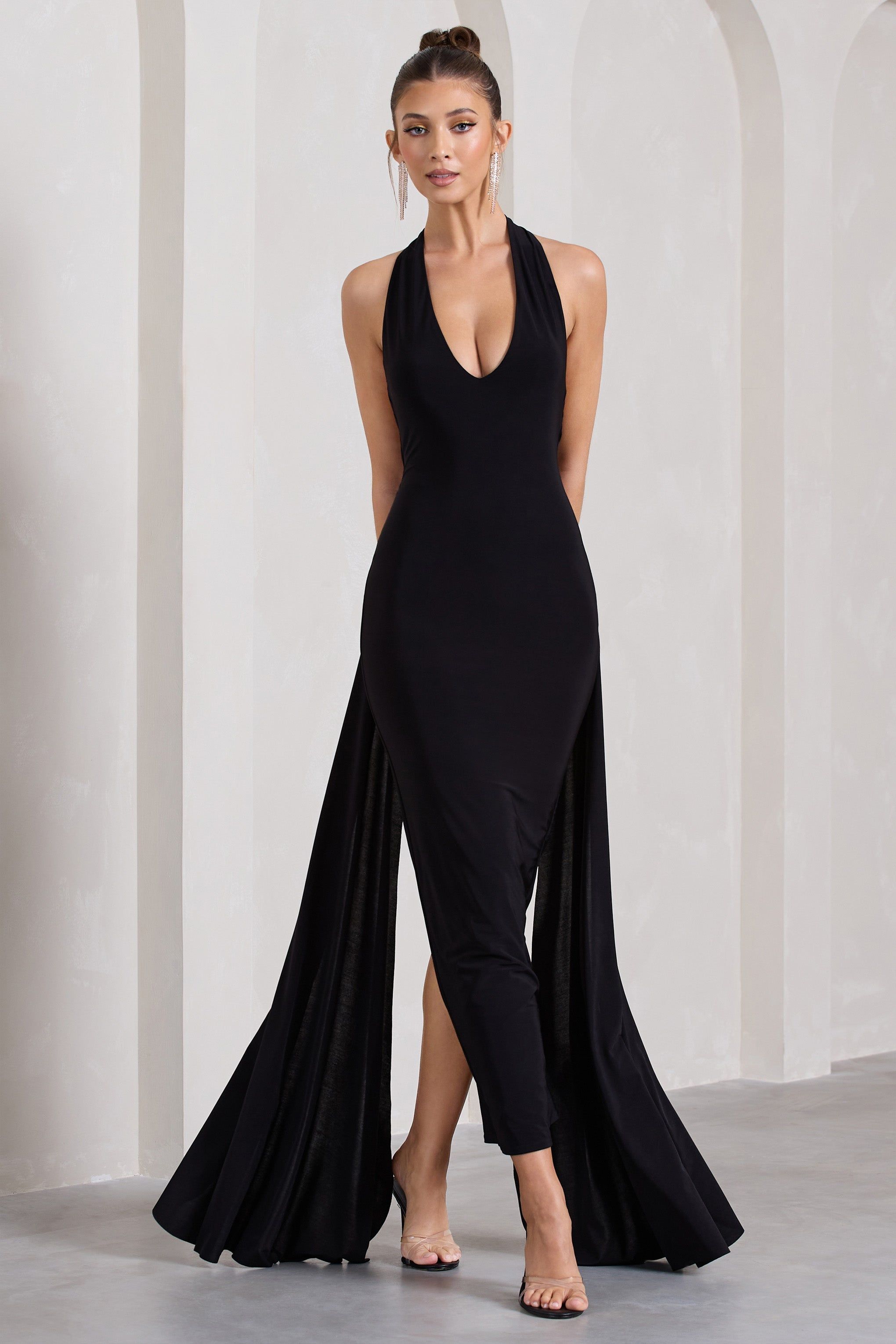 Veronica | Black Plunge Sleeveless Open-Back Maxi Dress With Scarf Detail sold by Club L London