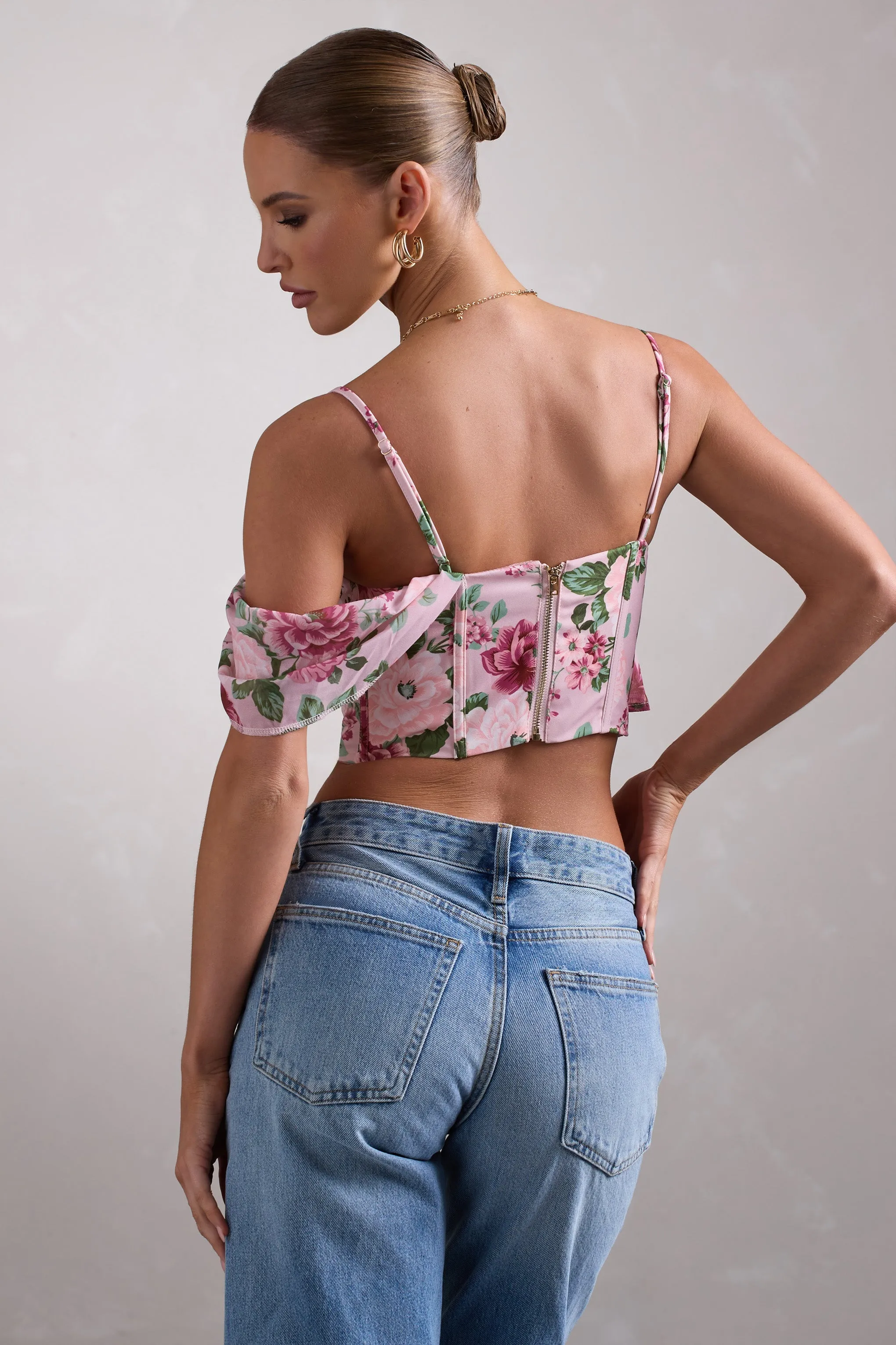 Lost In Your Love | Pink Floral Print Asymmetric Corset Top With Draped Chiffon Sleeve sold by Club L London product image thumbnail 5