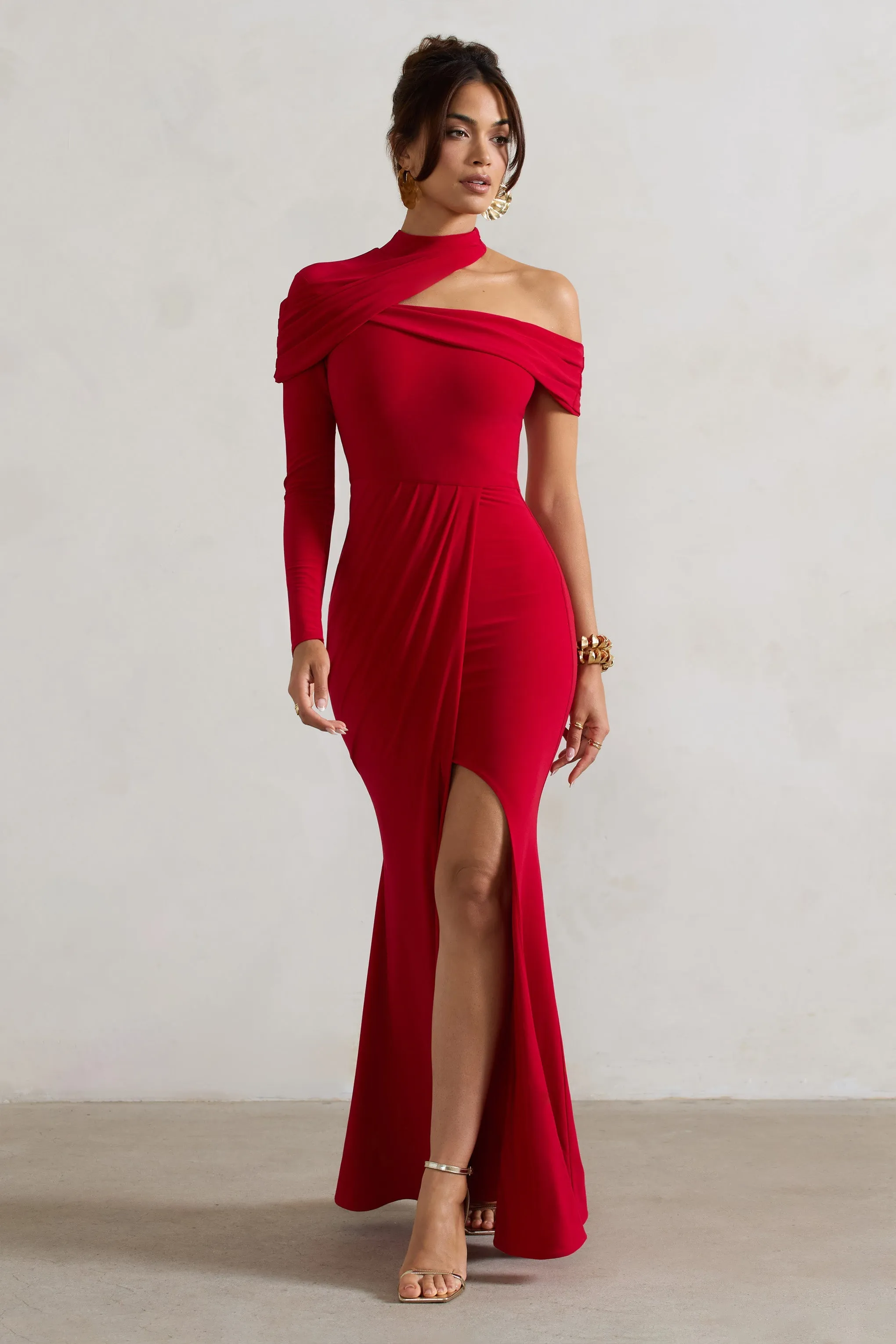 Tyla | Red Asymmetric High-Neck Split Maxi Dress sold by Club L London product image thumbnail 5