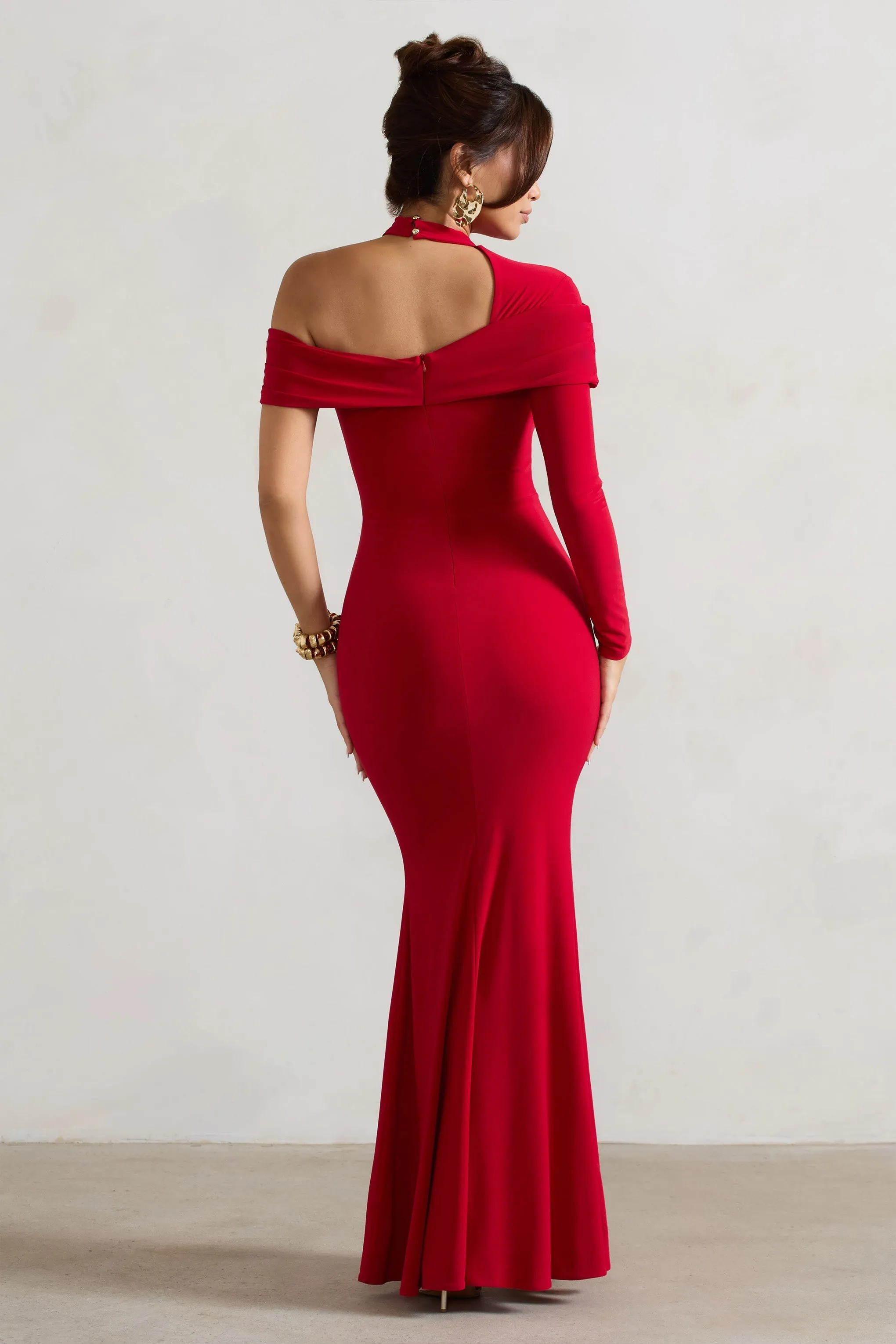 Tyla | Red Asymmetric High-Neck Split Maxi Dress sold by Club L London product image thumbnail 2