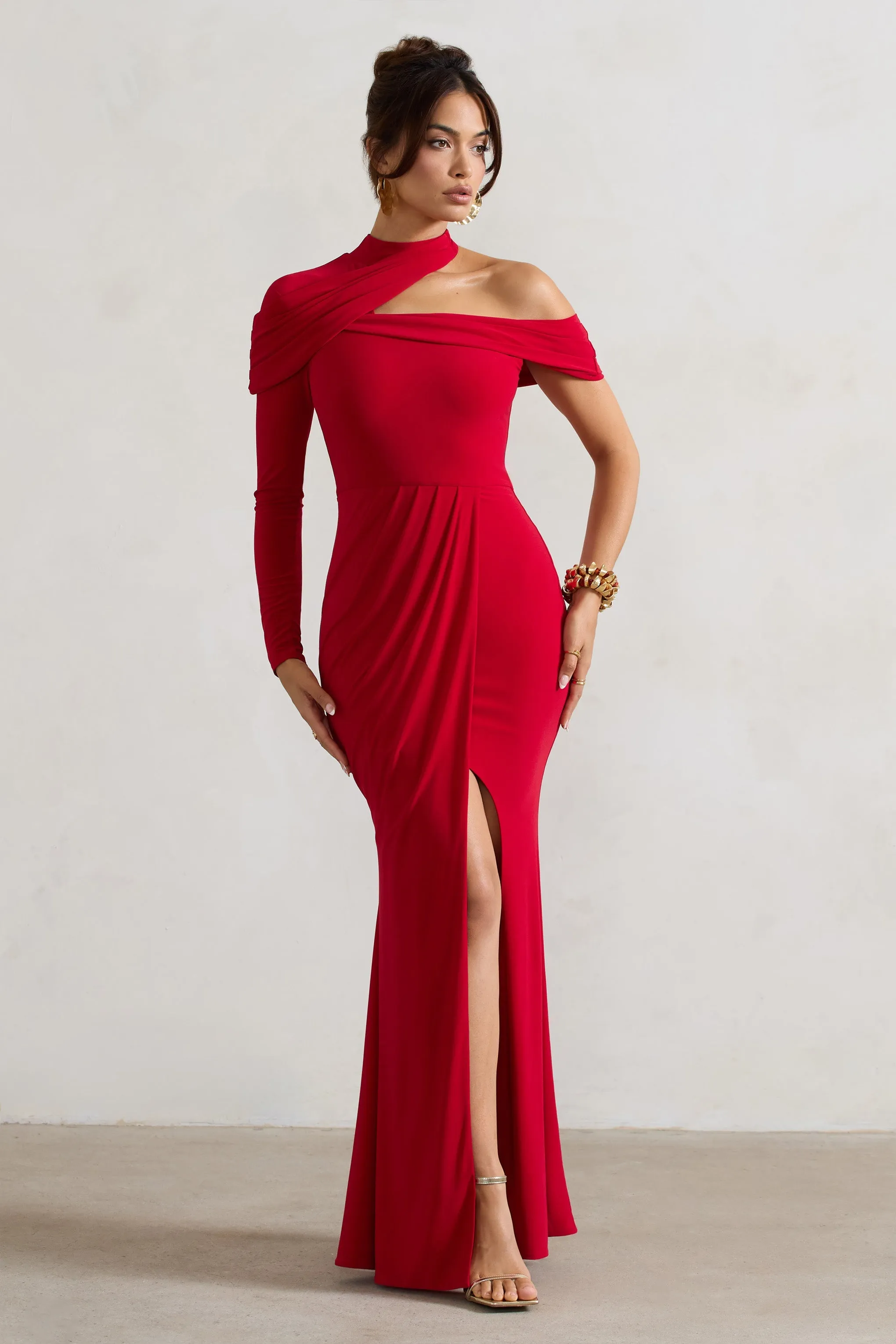 Tyla | Red Asymmetric High-Neck Split Maxi Dress sold by Club L London