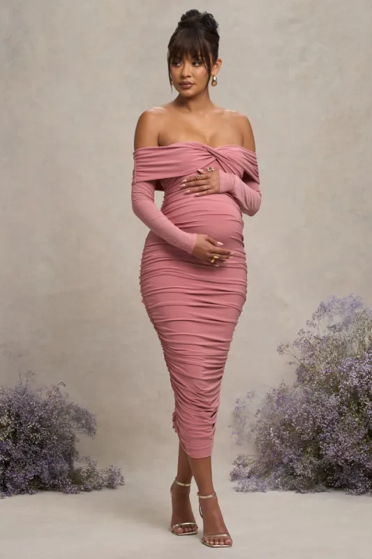 Neva | Blush Bardot Twist Maternity Midi Dress sold by Club L London