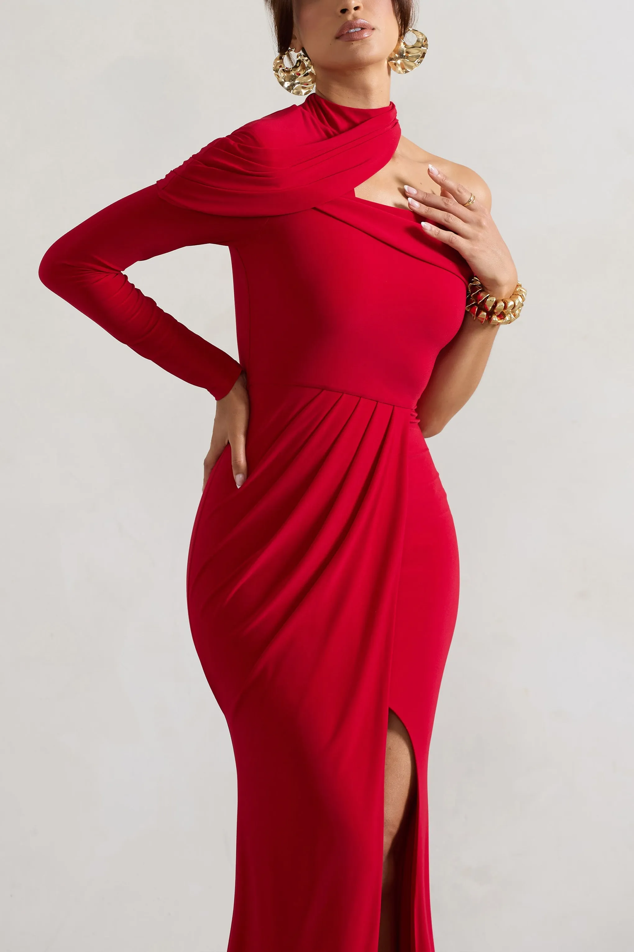 Tyla | Red Asymmetric High-Neck Split Maxi Dress sold by Club L London product image thumbnail 3