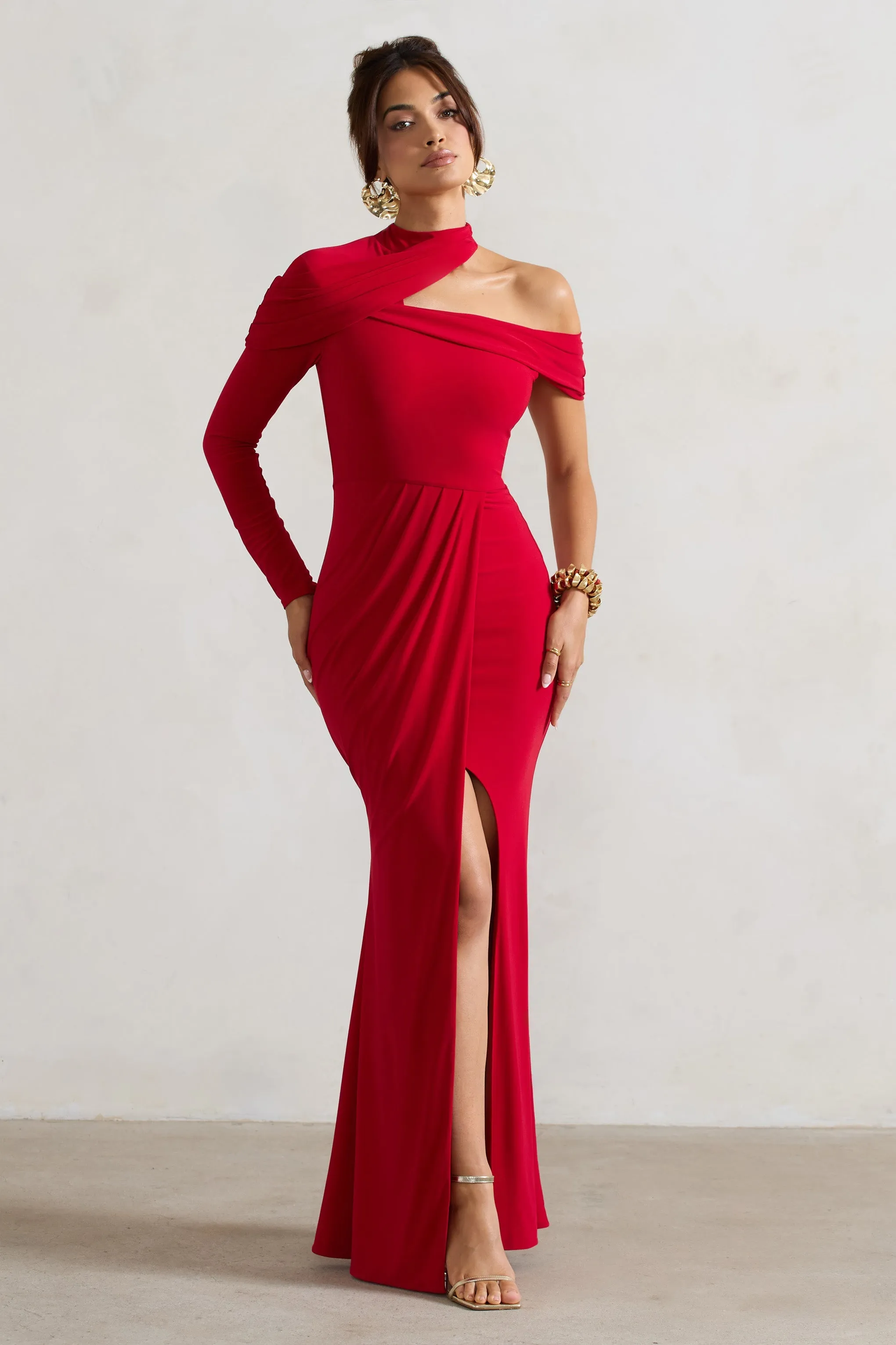 Tyla | Red Asymmetric High-Neck Split Maxi Dress sold by Club L London product image thumbnail 4