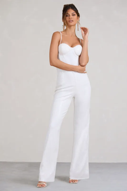 Dandelion | White Strappy Corset Sequin Jumpsuit sold by Club L London