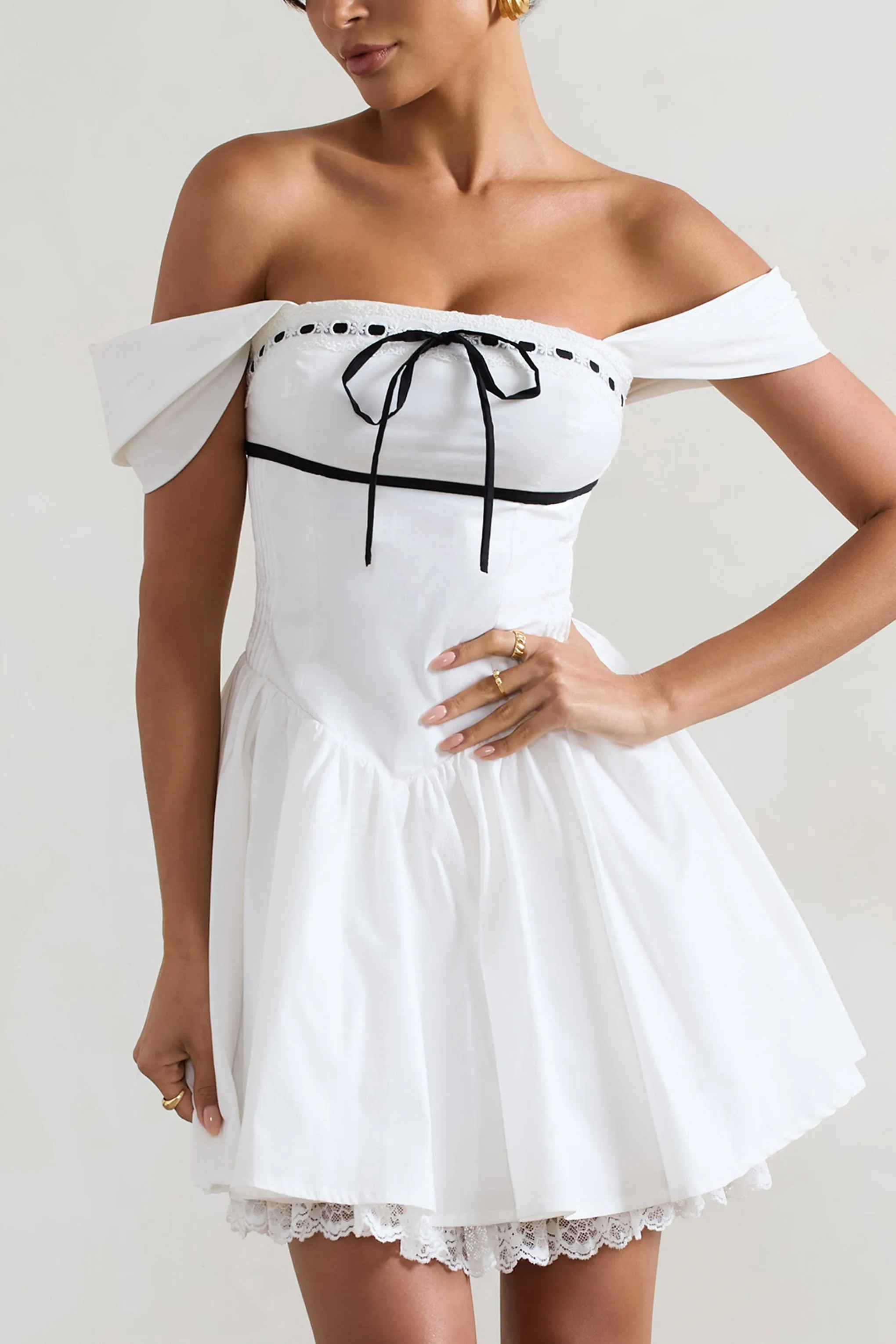 Serina | White Poplin Bardot Lace Detail Mini Dress sold by Club L London product image thumbnail 5
