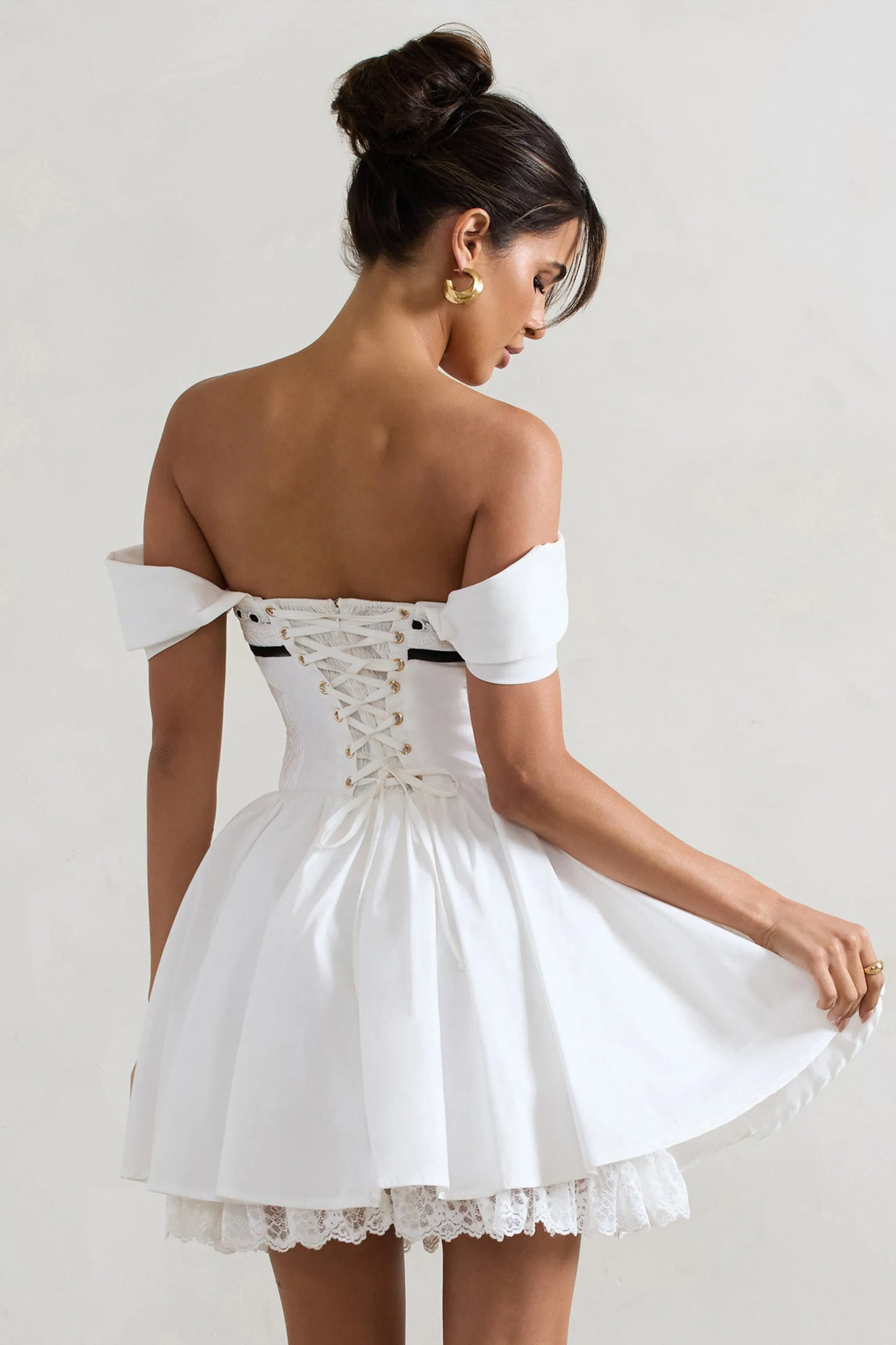 Serina | White Poplin Bardot Lace Detail Mini Dress sold by Club L London product image thumbnail 4