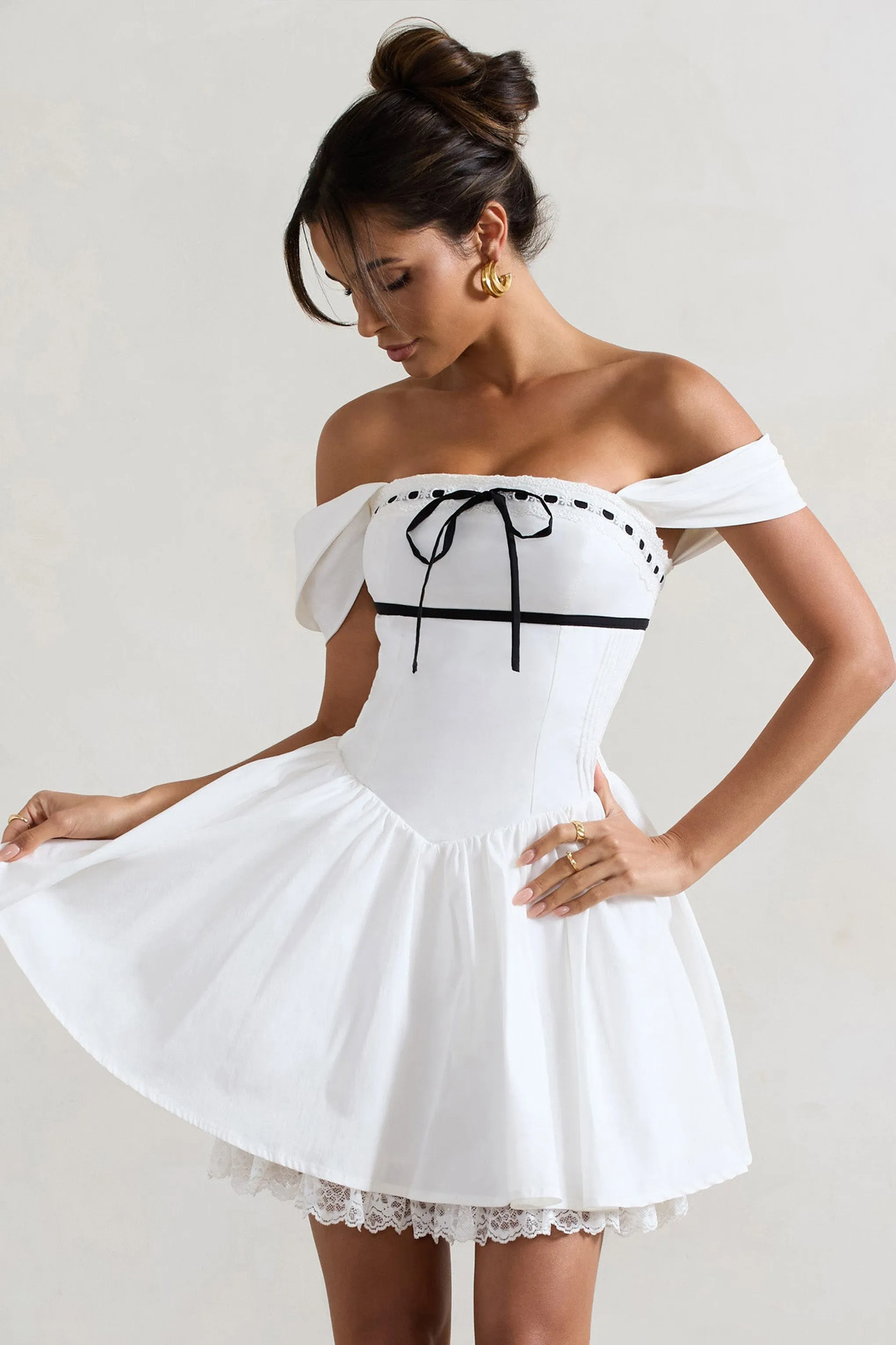 Serina | White Poplin Bardot Lace Detail Mini Dress sold by Club L London product image thumbnail 3