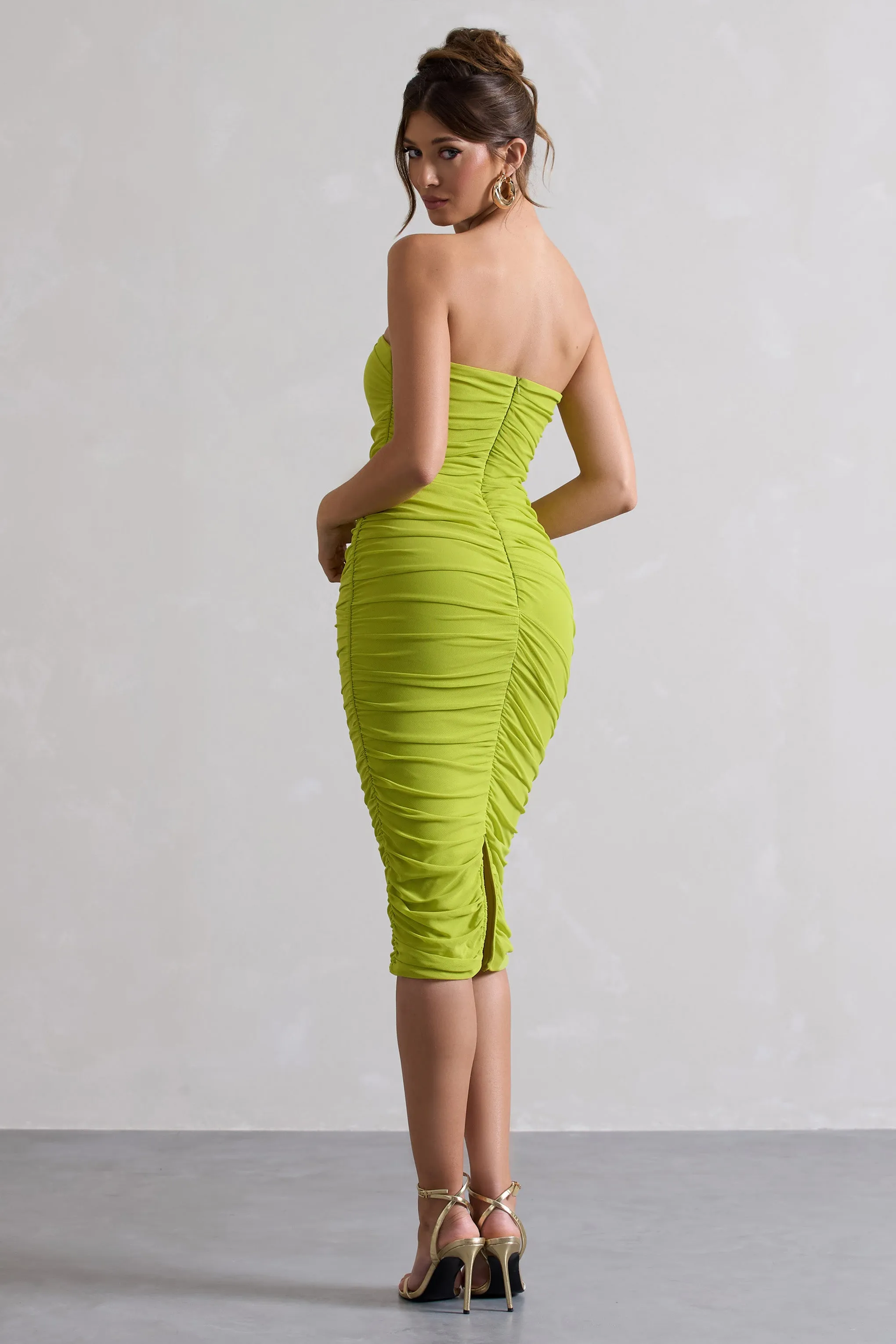 My Girl | Green Strapless Bodycon Ruched Mesh Midi Dress sold by Club L London product image thumbnail 2