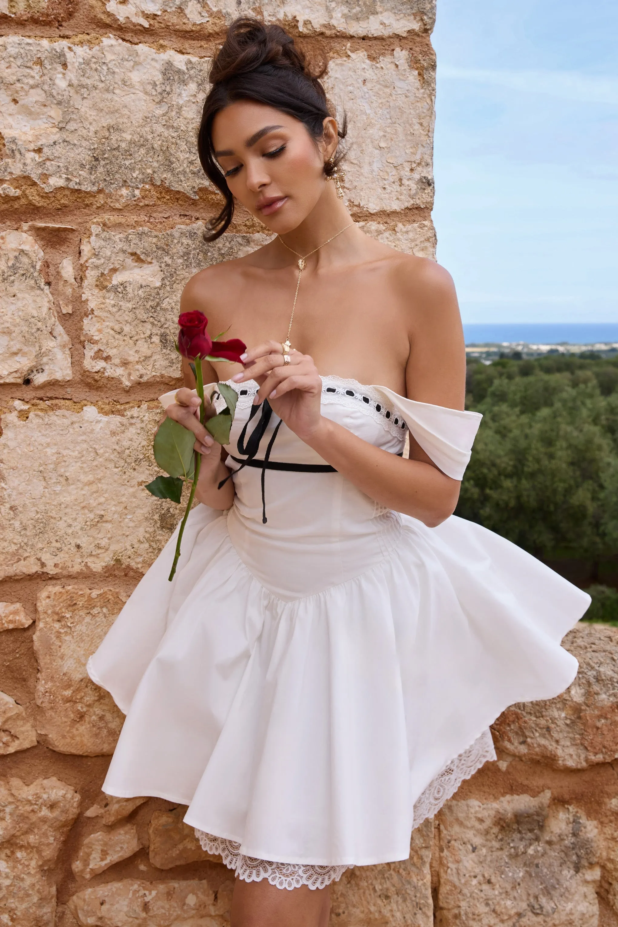 Serina | White Poplin Bardot Lace Detail Mini Dress sold by Club L London product image thumbnail 2