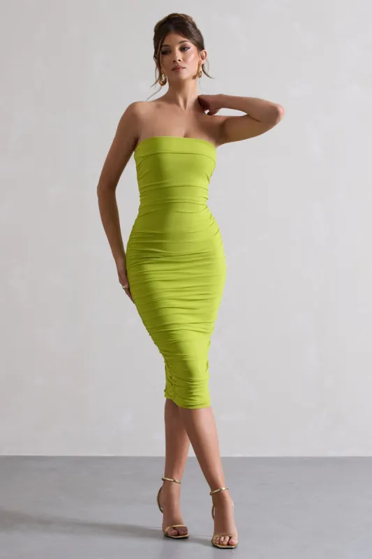 My Girl | Green Strapless Bodycon Ruched Mesh Midi Dress sold by Club L London