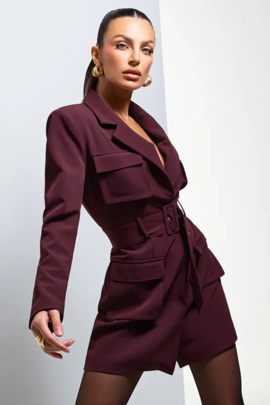 Genesis | Plum Belted Utility Blazer Dress sold by Club L London