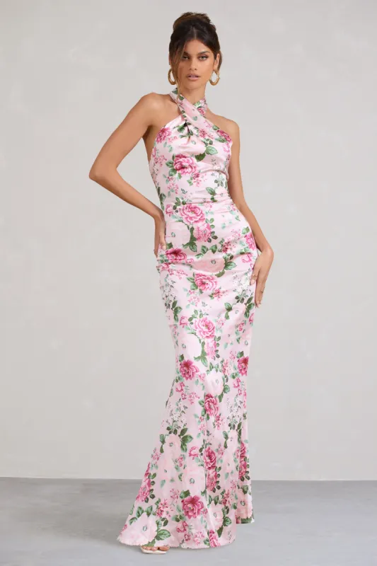 Unstoppable | Pink Floral Print Satin Cross Over Halter Neck Maxi Dress sold by Club L London