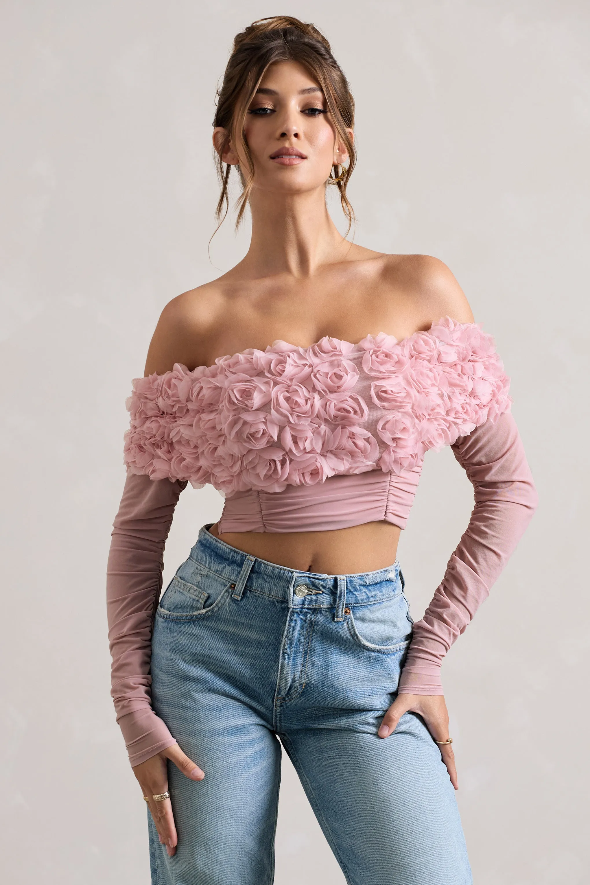 Libbie | Pink Mesh Floral Bardot Top sold by Club L London
