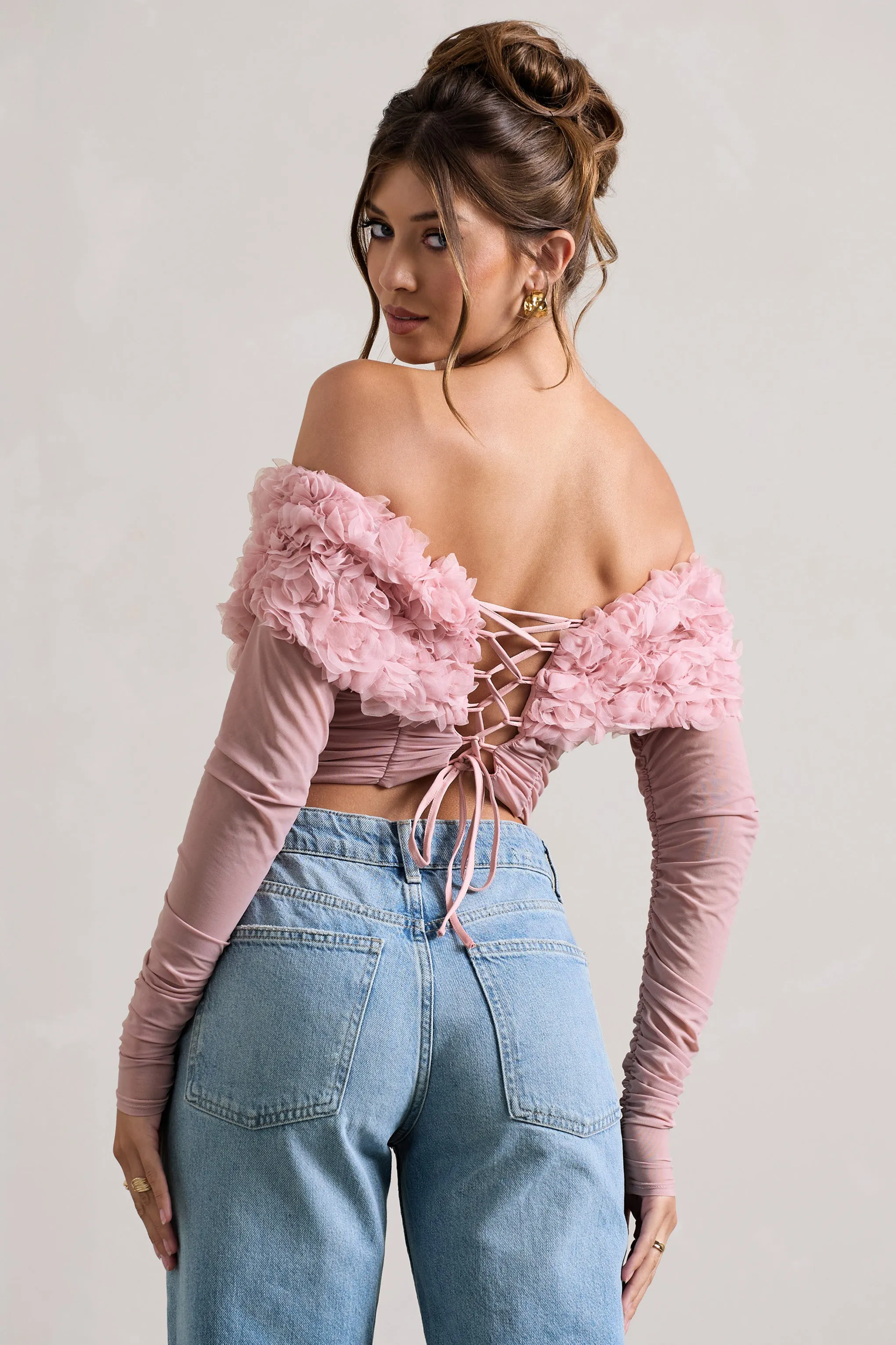 Libbie | Pink Mesh Floral Bardot Top sold by Club L London product image thumbnail 2