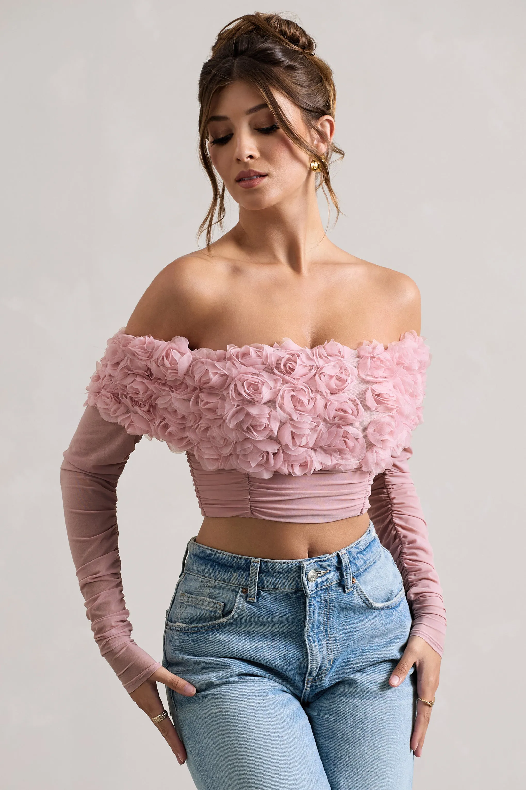 Libbie | Pink Mesh Floral Bardot Top sold by Club L London product image thumbnail 5