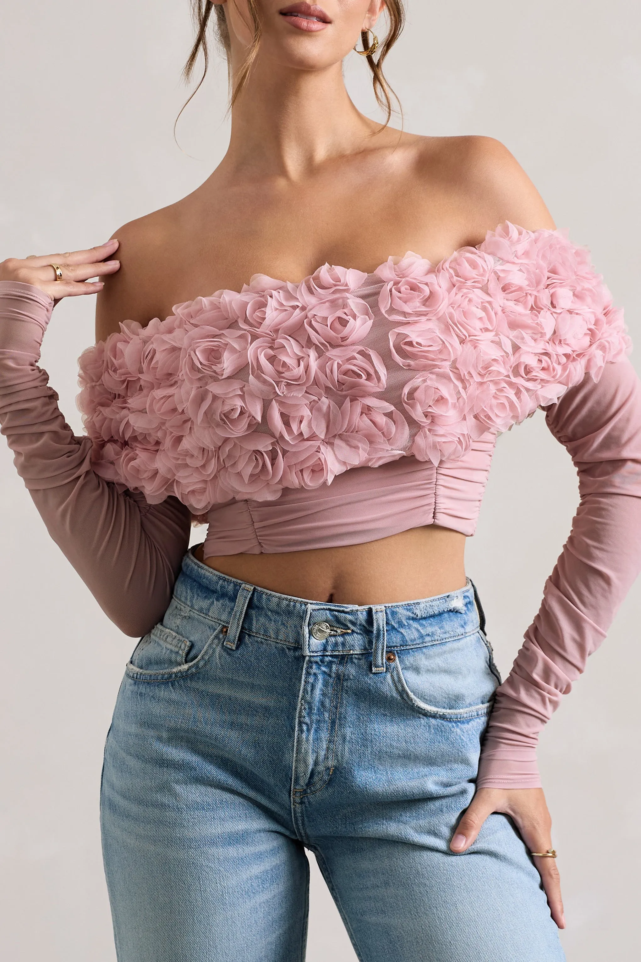 Libbie | Pink Mesh Floral Bardot Top sold by Club L London product image thumbnail 3