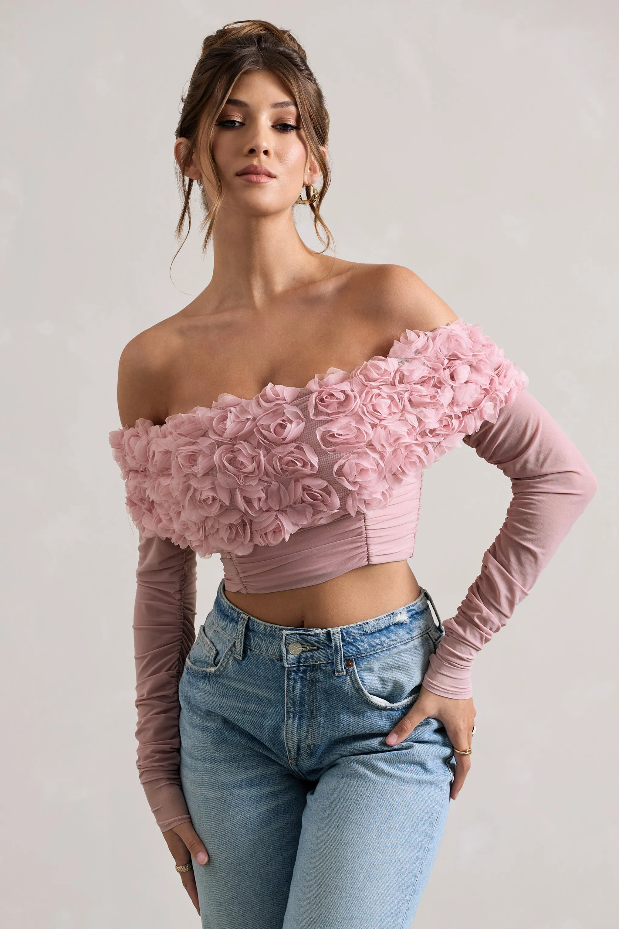 Libbie | Pink Mesh Floral Bardot Top sold by Club L London product image thumbnail 4