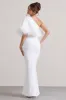 Valor | White Asymmetric Maxi Dress With Feather Trim sold by Club L London