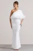 Valor | White Asymmetric Maxi Dress With Feather Trim sold by Club L London