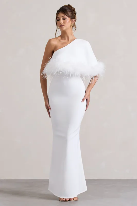 Valor | White Asymmetric Maxi Dress With Feather Trim sold by Club L London