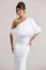 Valor | White Asymmetric Maxi Dress With Feather Trim sold by Club L London