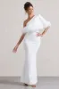 Valor | White Asymmetric Maxi Dress With Feather Trim sold by Club L London