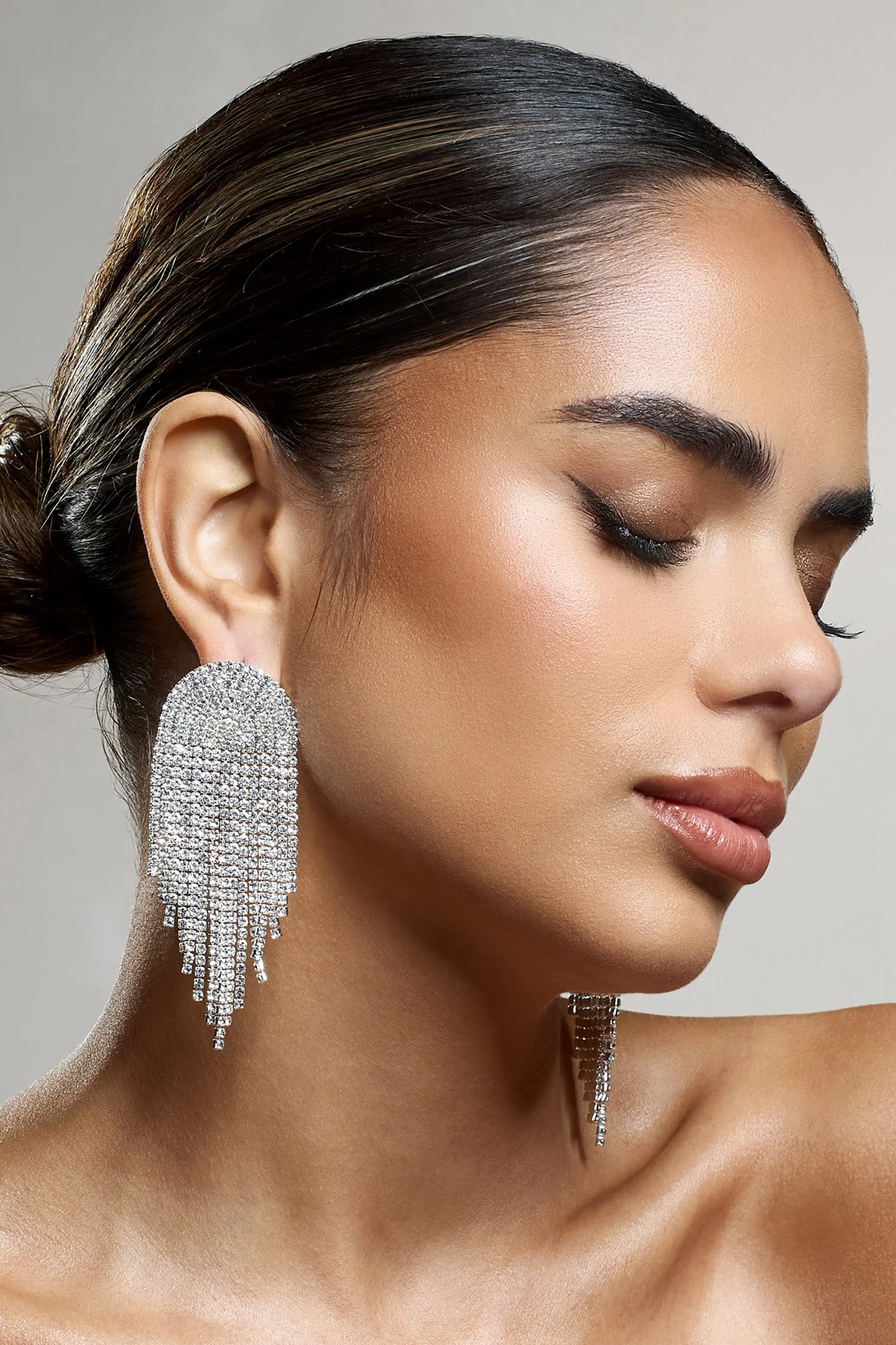 Waterfall | Silver Diamante Tassel Earrings sold by Club L London product image thumbnail 2