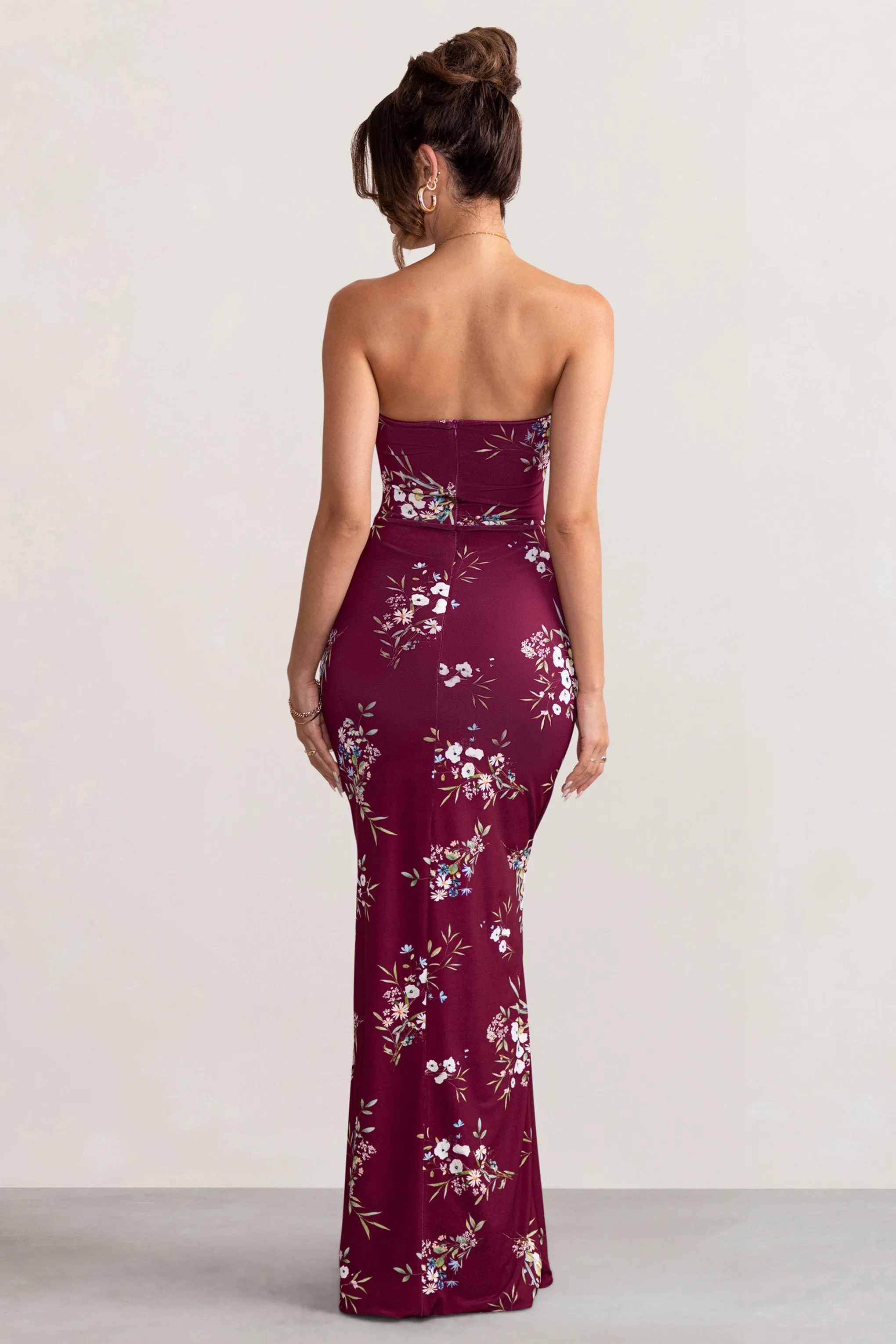 Camila | Burgundy Floral Print Strapless Maxi Dress With Thigh Split sold by Club L London product image thumbnail 5