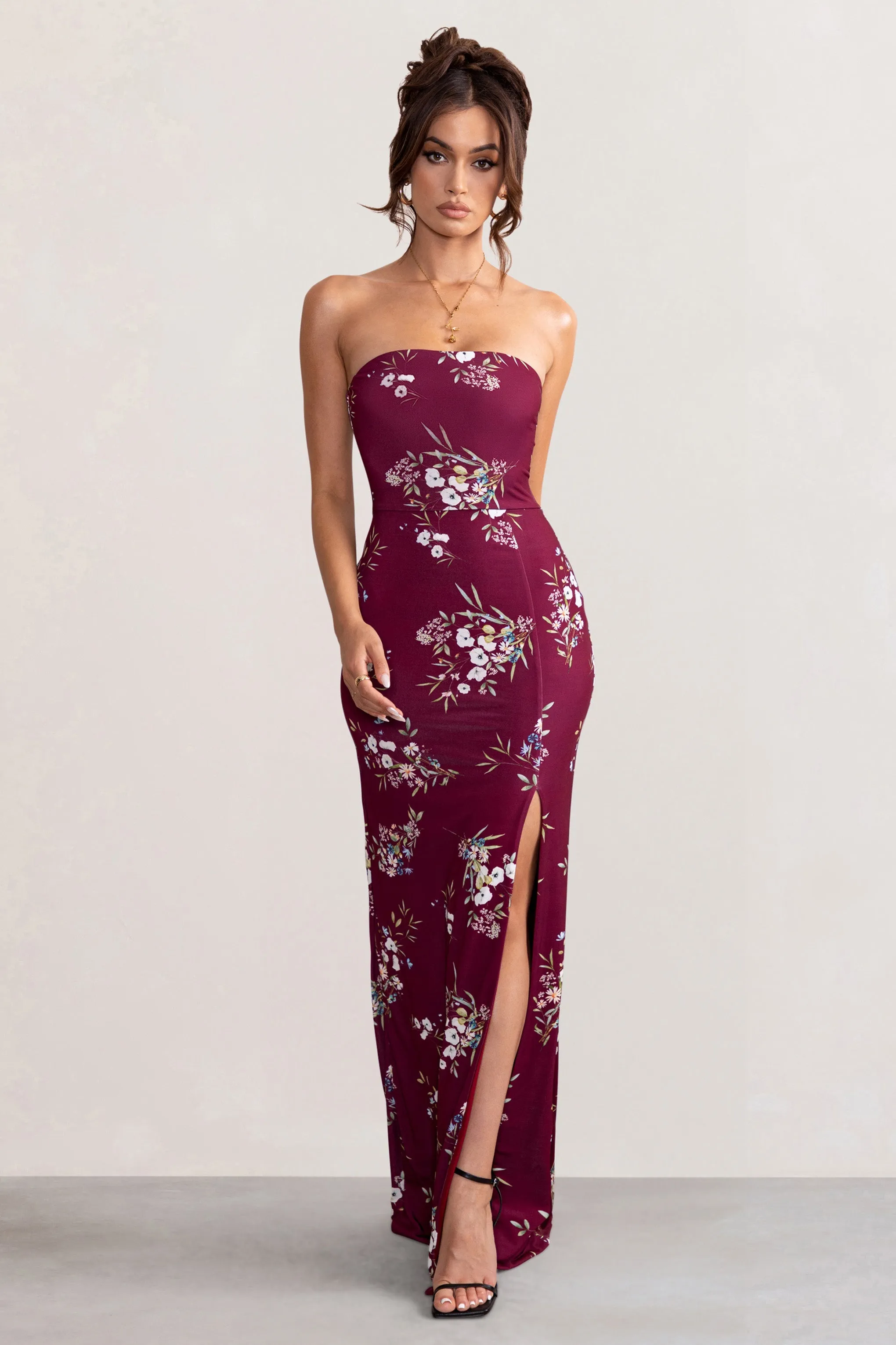 Camila | Burgundy Floral Print Strapless Maxi Dress With Thigh Split sold by Club L London