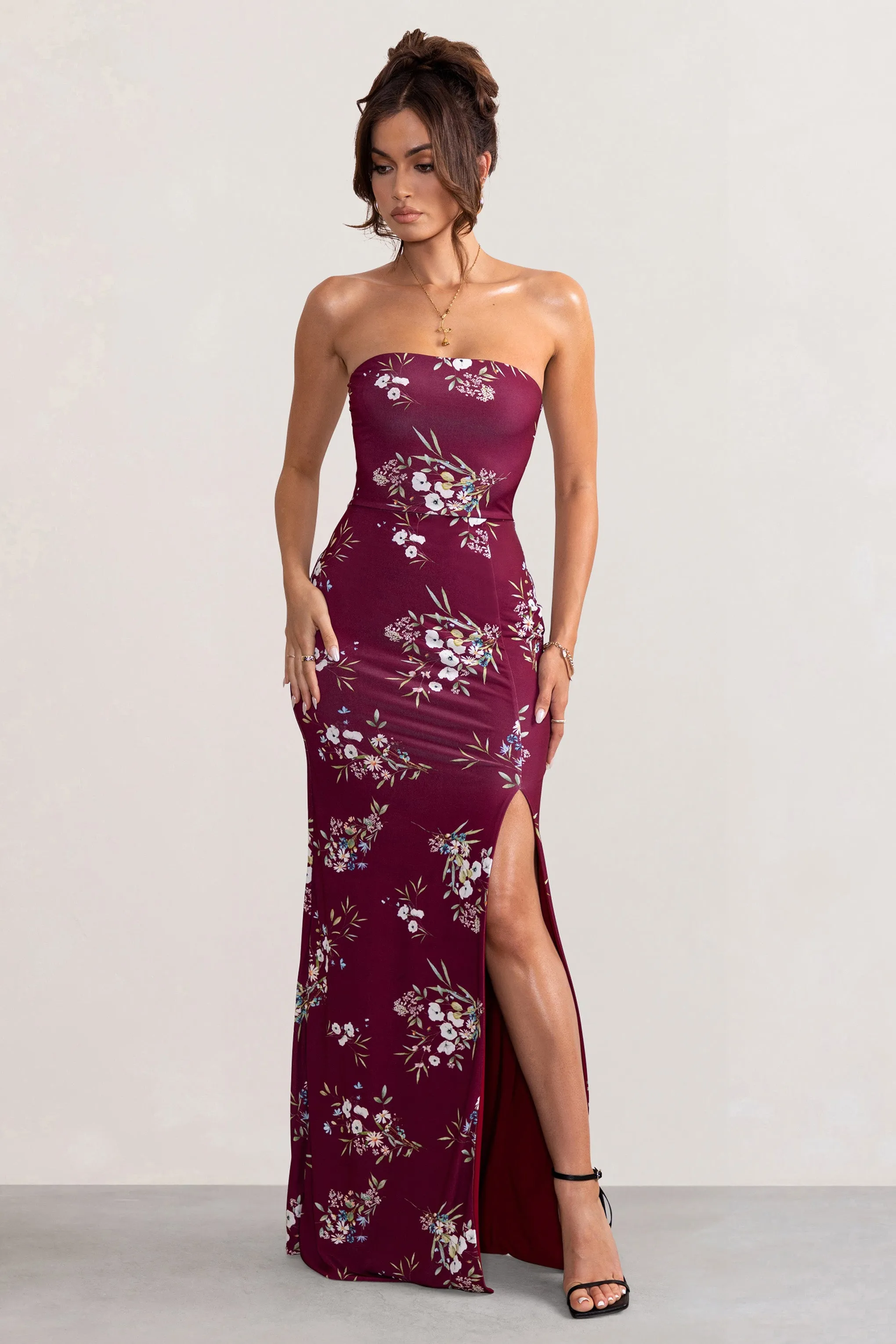 Camila | Burgundy Floral Print Strapless Maxi Dress With Thigh Split sold by Club L London product image thumbnail 4