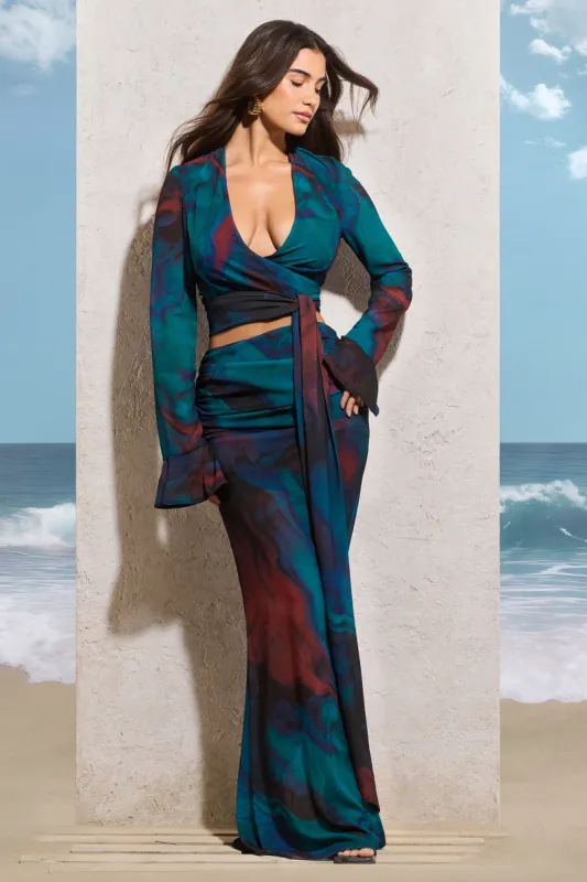 Out Of Bounds | Blue Print Chiffon Split Maxi Skirt made by Club L London