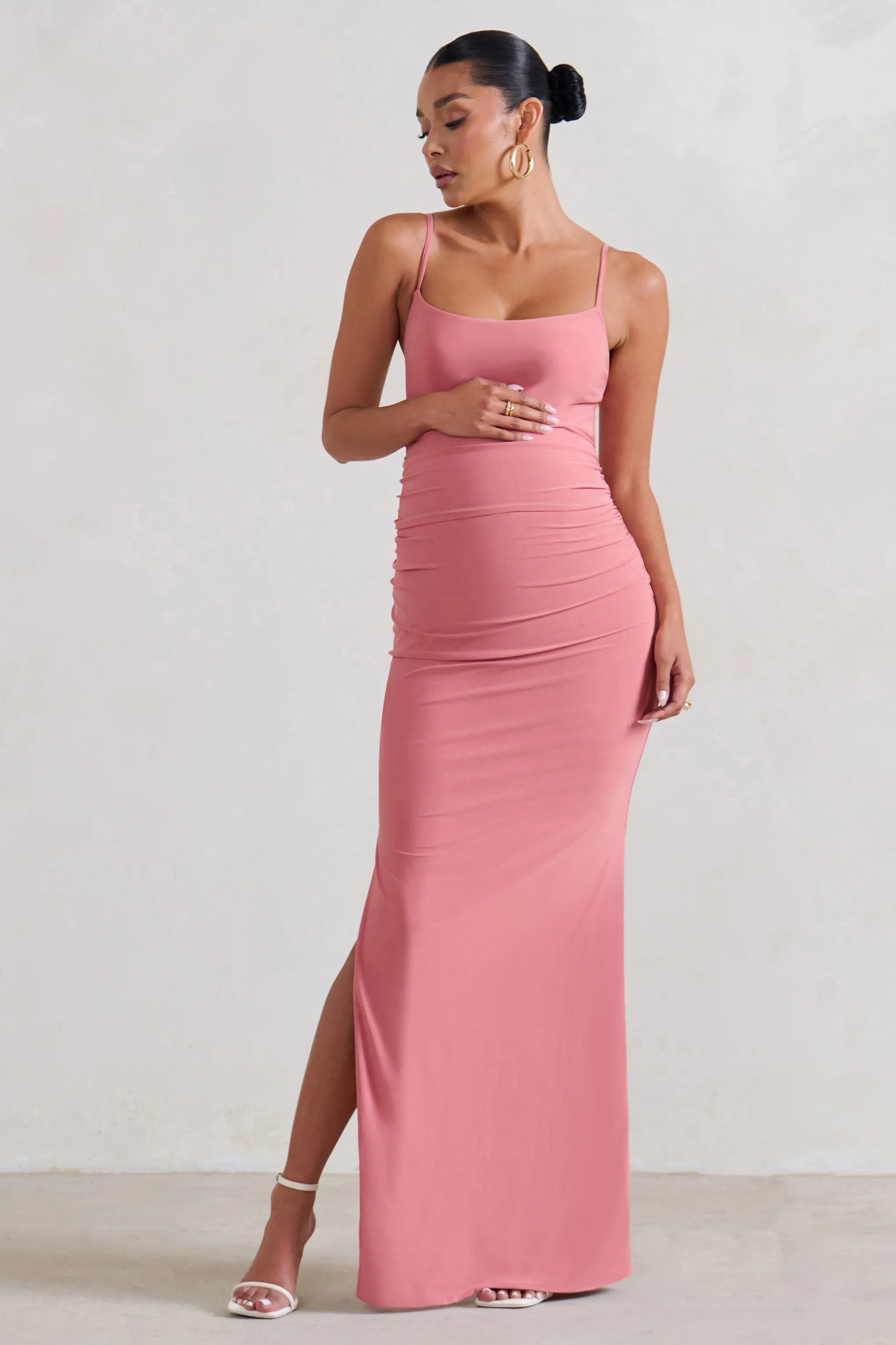 Aurelia | Pink Maternity Cami Maxi Dress With Split sold by Club L London
