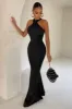 Unstoppable | Black Satin Cross Over Halterneck Maxi Dress sold by Club L London