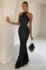Unstoppable | Black Satin Cross Over Halterneck Maxi Dress sold by Club L London