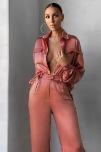 No Limits | Coral Satin Wide Leg Trousers sold by Club L London