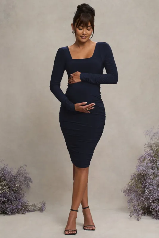 New Life | Navy Maternity Square Neck Ruched Midi Dress sold by Club L London