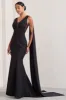Rosaline | Black Plunging Fishtail Maxi Dress With Cape sold by Club L London