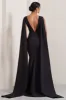 Rosaline | Black Plunging Fishtail Maxi Dress With Cape sold by Club L London