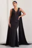 Rosaline | Black Plunging Fishtail Maxi Dress With Cape sold by Club L London