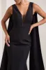 Rosaline | Black Plunging Fishtail Maxi Dress With Cape sold by Club L London