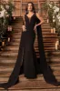 Rosaline | Black Plunging Fishtail Maxi Dress With Cape sold by Club L London