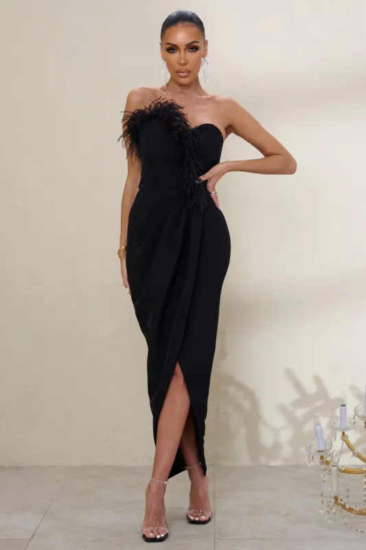 High Class | Black Bandeau Thigh Split Maxi Dress With Feather Trim sold by Club L London