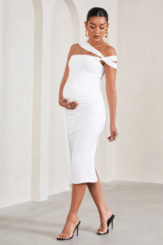Just Wait | White Asymmetric Strappy Maternity Midi Dress With Drape sold by Club L London