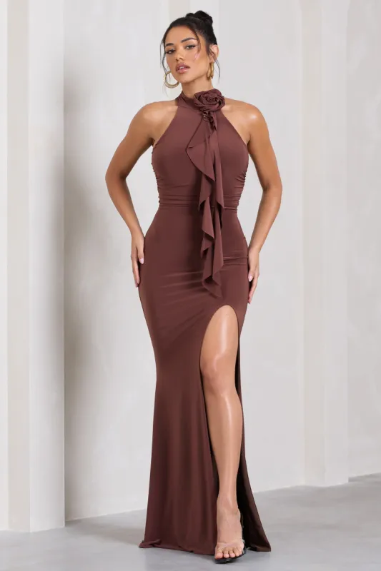 Wanderer | Chocolate Brown Ruched Halter-Neck Split Maxi Dress With Flower sold by Club L London