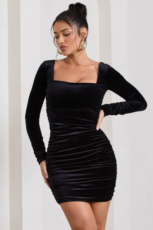Muse | Black Velvet Long Sleeve Square Neck Ruched Mini Dress sold by Club L London