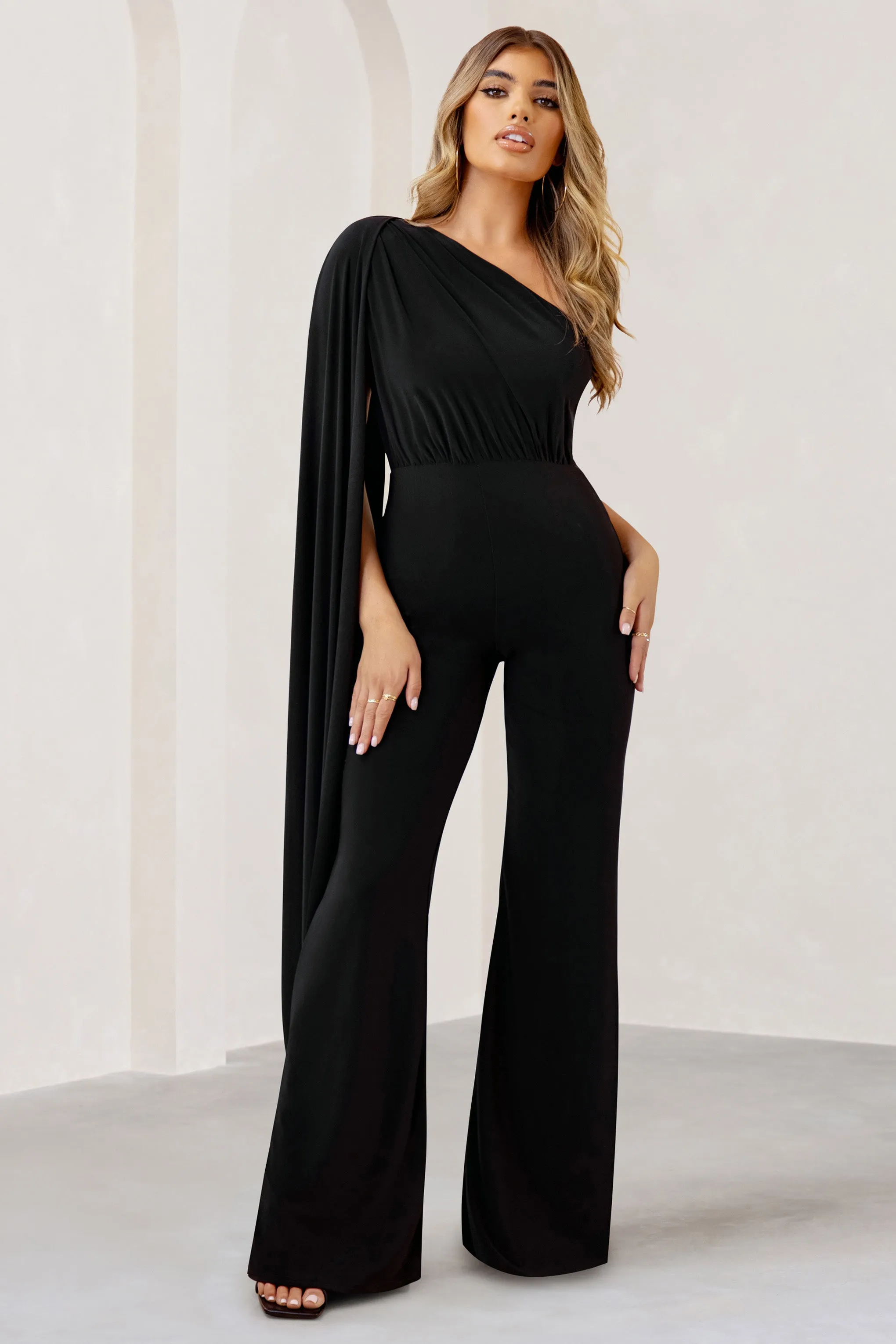 Aurora | Black One Shoulder Cape Sleeve Jumpsuit sold by Club L London product image thumbnail 3
