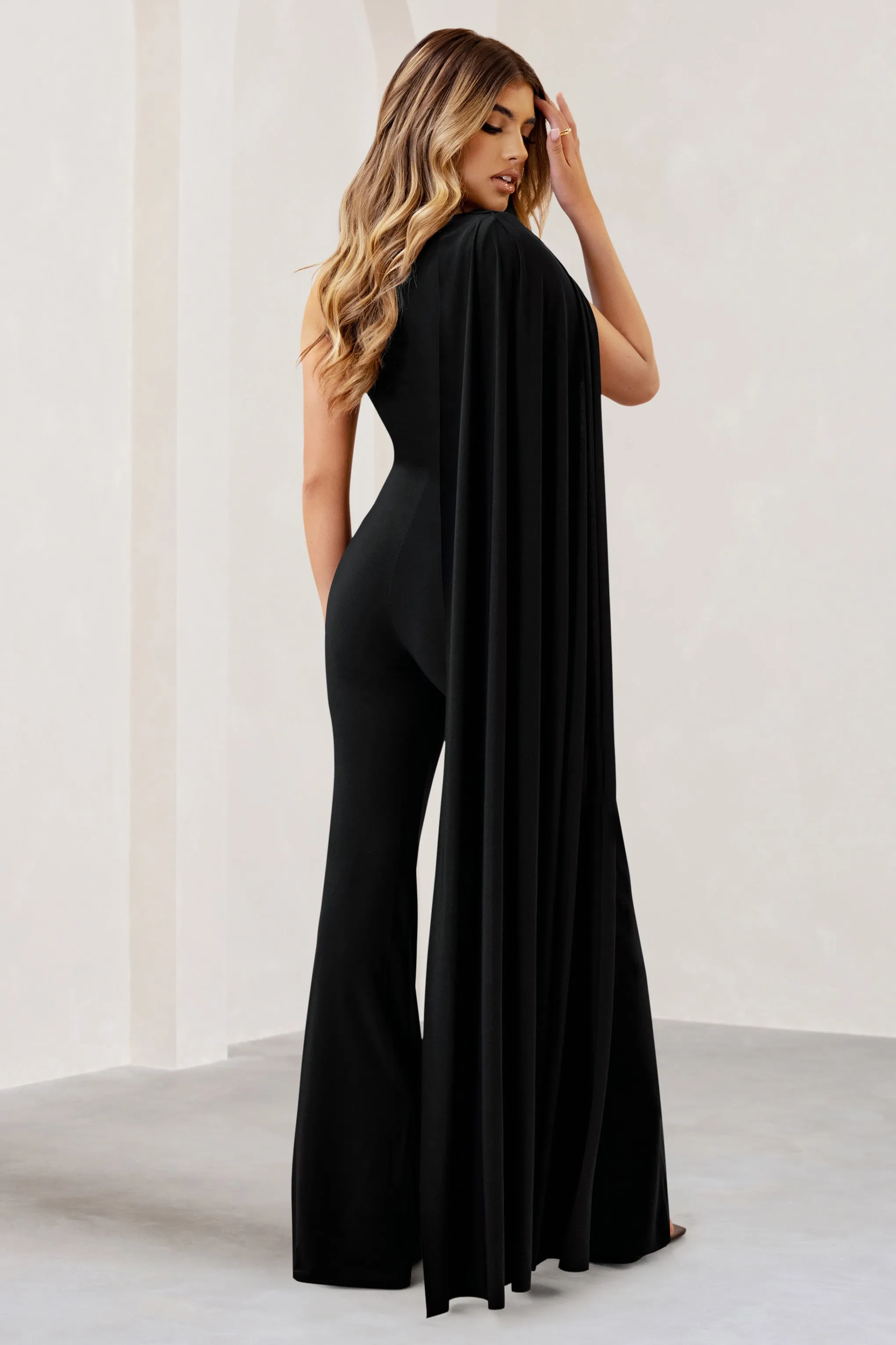 Aurora | Black One Shoulder Cape Sleeve Jumpsuit sold by Club L London product image thumbnail 2